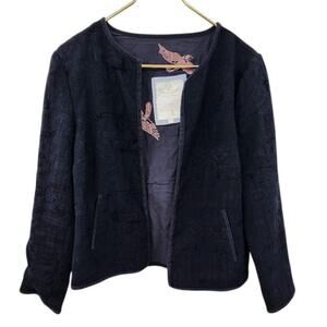 White Stuff Navy Blue Knit Tapestry Style Open Front Cardigan Jacket Size 14